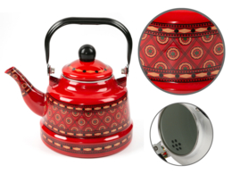 Large, red enamel kettle.