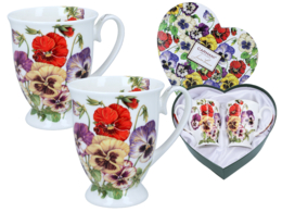 Set of 2 heart-shaped cups - L. Lozano, Pansies (CARMANI)
